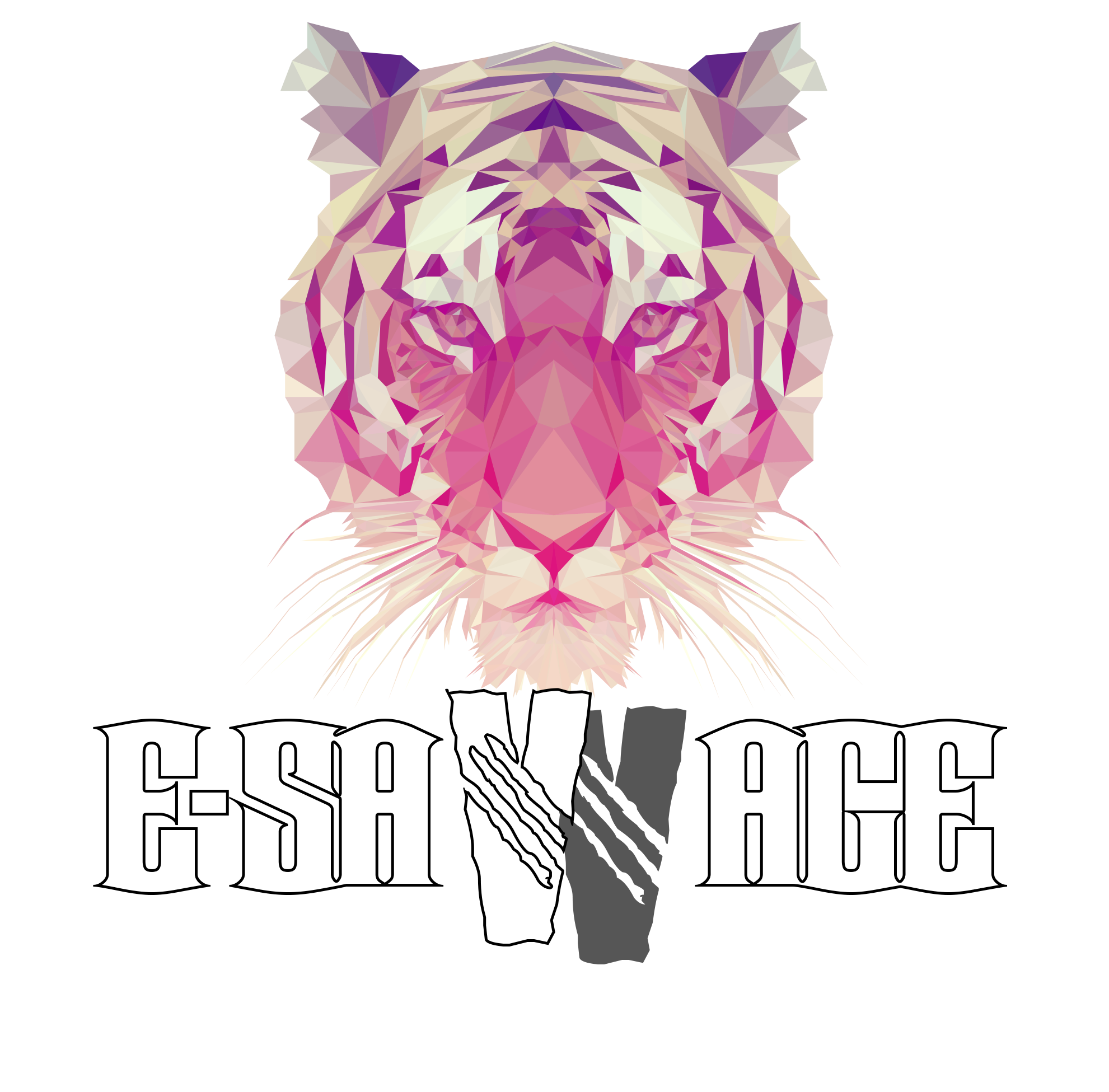 Logo E-SAVVAGE com tigre geométrico em tons de rosa, roxo e creme